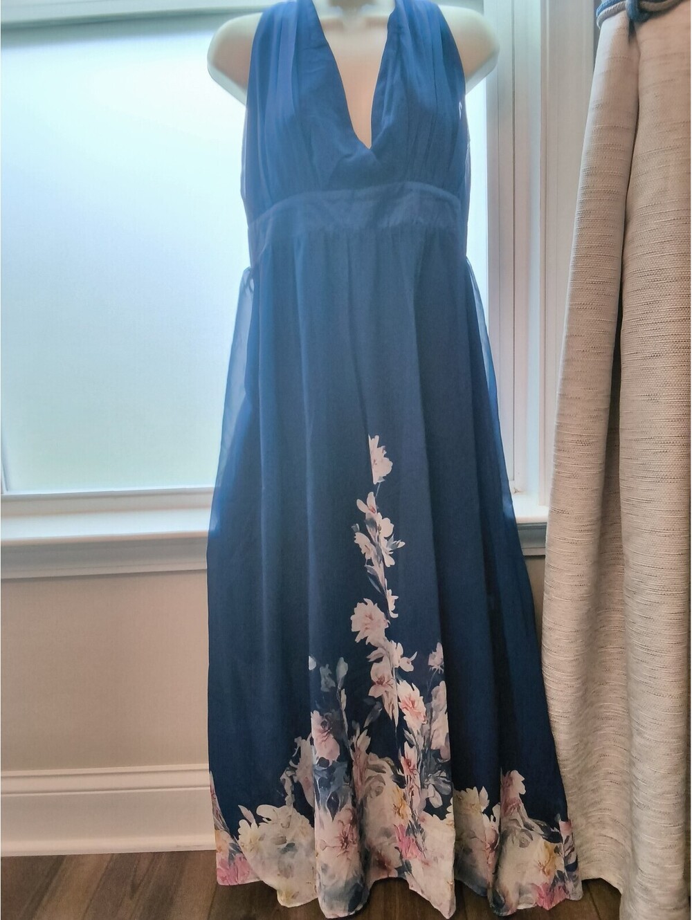 Women's Navy Blue Fairy Floral Maxi Dress V-Neck Sheer-lined Flowy 2XL